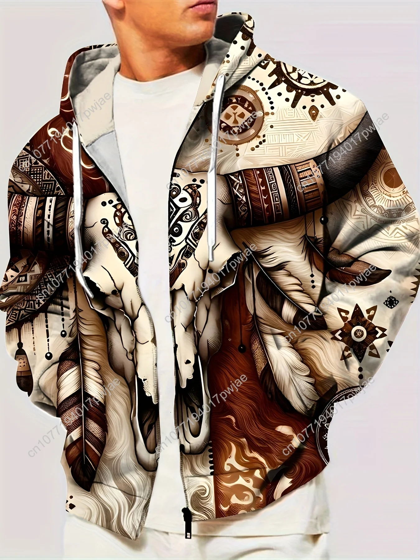 Veste à capuche à imprimé géométrique pour hommes, nouveauté, fermeture éclair décontractée en polyester avec plumes et attrape-rêves, lavable en machine, Perf