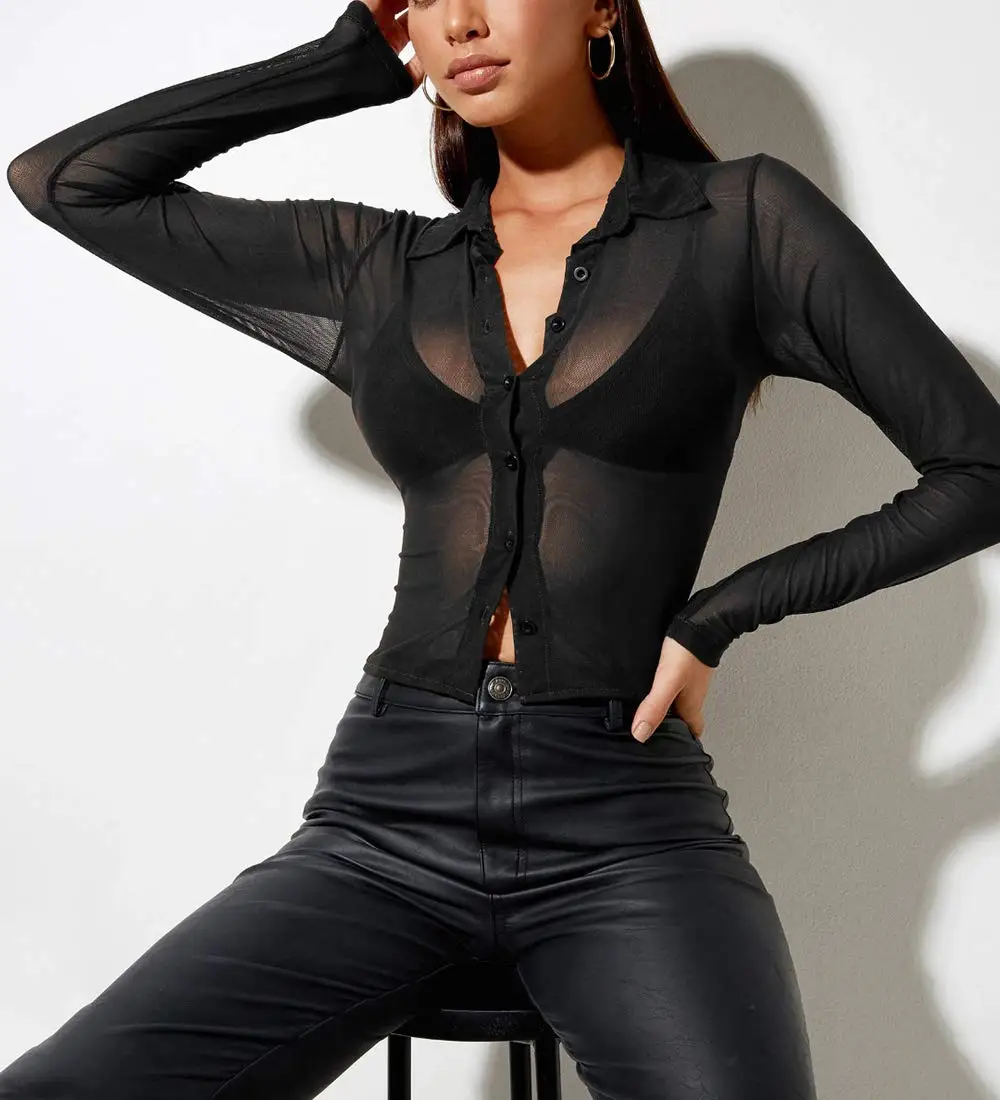 Women Sexy Mesh Yarn See-Through Blouse Solid Color Turn-Down Collar Long Sleeve Button Shirt Cardigan Vintage E-Girl Streetwear