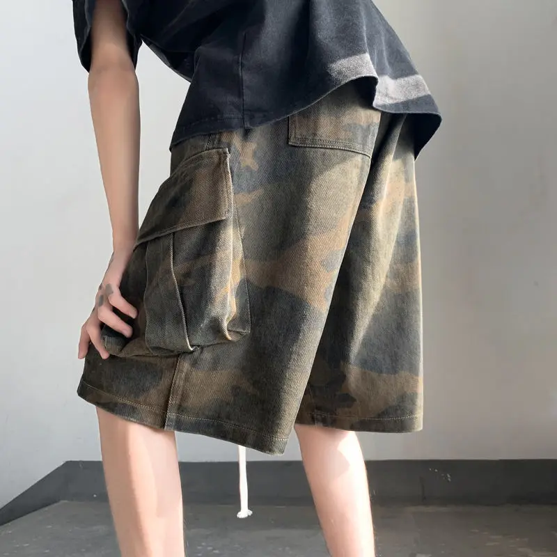 Fashion Camouflage Multiple Pockets Men's Cargo Shorts Classic Waist Drawcord Street Casual Loose Pure Cotton Handsome Short