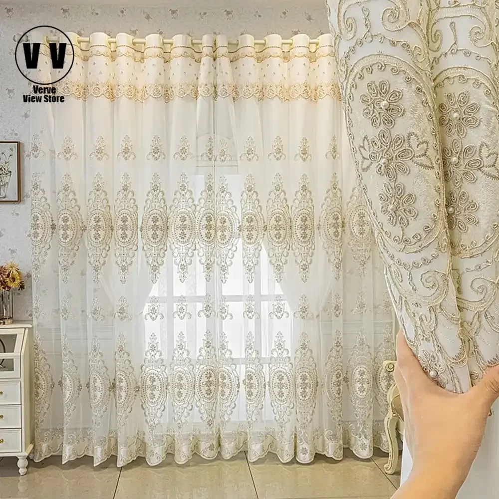 

1 Panel 132cm Width European Double Layer Curtain for Living Room Bedroom Luxury 3D Flower Embroidered Semi-blackout Curtain