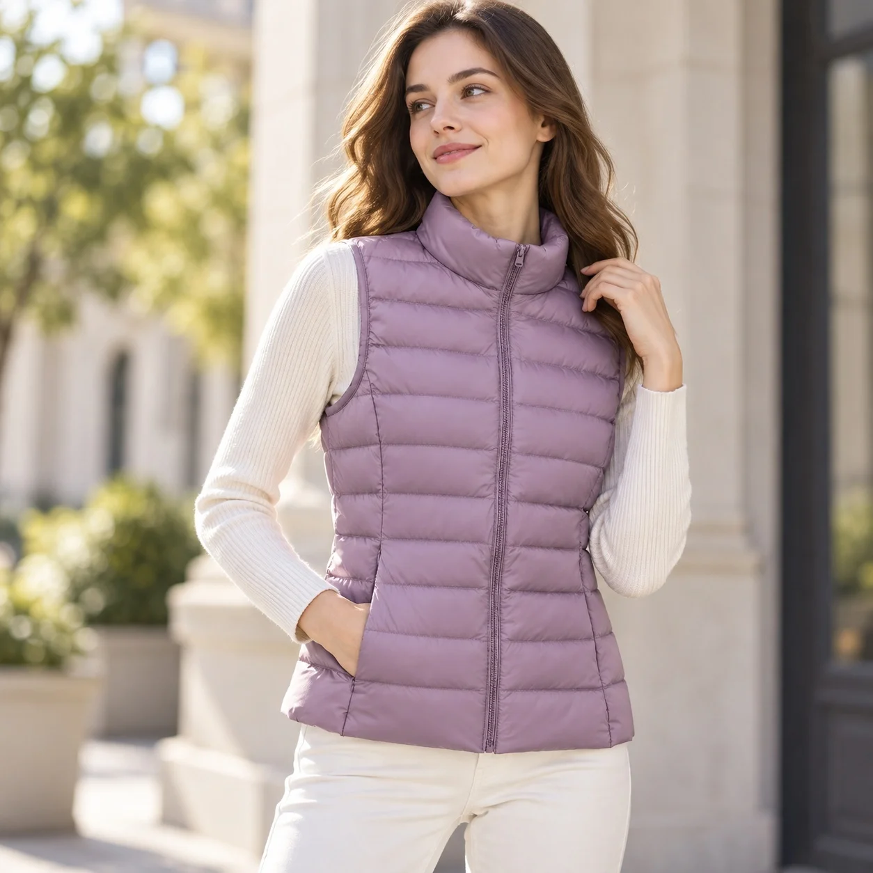 Thin Stand Collar Vest Slim Fit Commuter Style with Pockets Regular Length Spring Elegant Commuter Zipper Closure for Women
