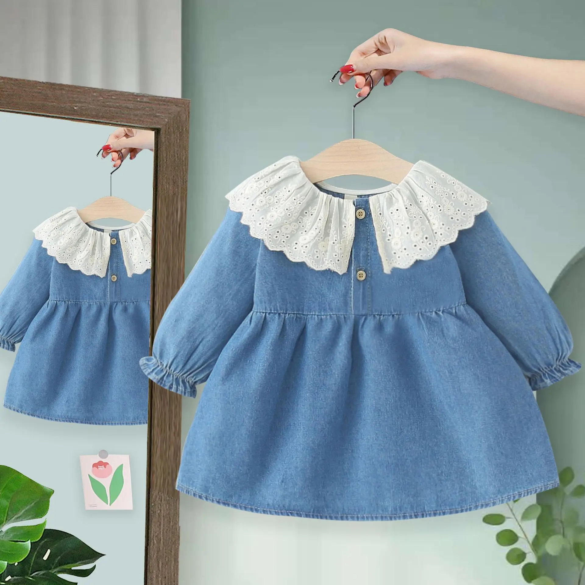 봄 가을 아기 소녀 드레스 신생아 소녀 캐주얼 옷깃 긴 소매 데님 복장 복장 유아 소녀 아기 의류 Vestidos