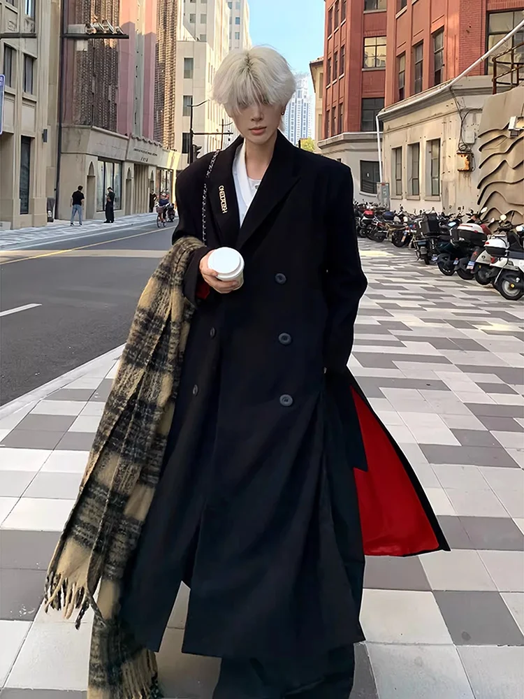 

Bla Red Inner Pad oulder Woolen Coat Men's Autumn Winter Korean Sle Briti Sle Mid-Length Knee-Length Coat Jaet