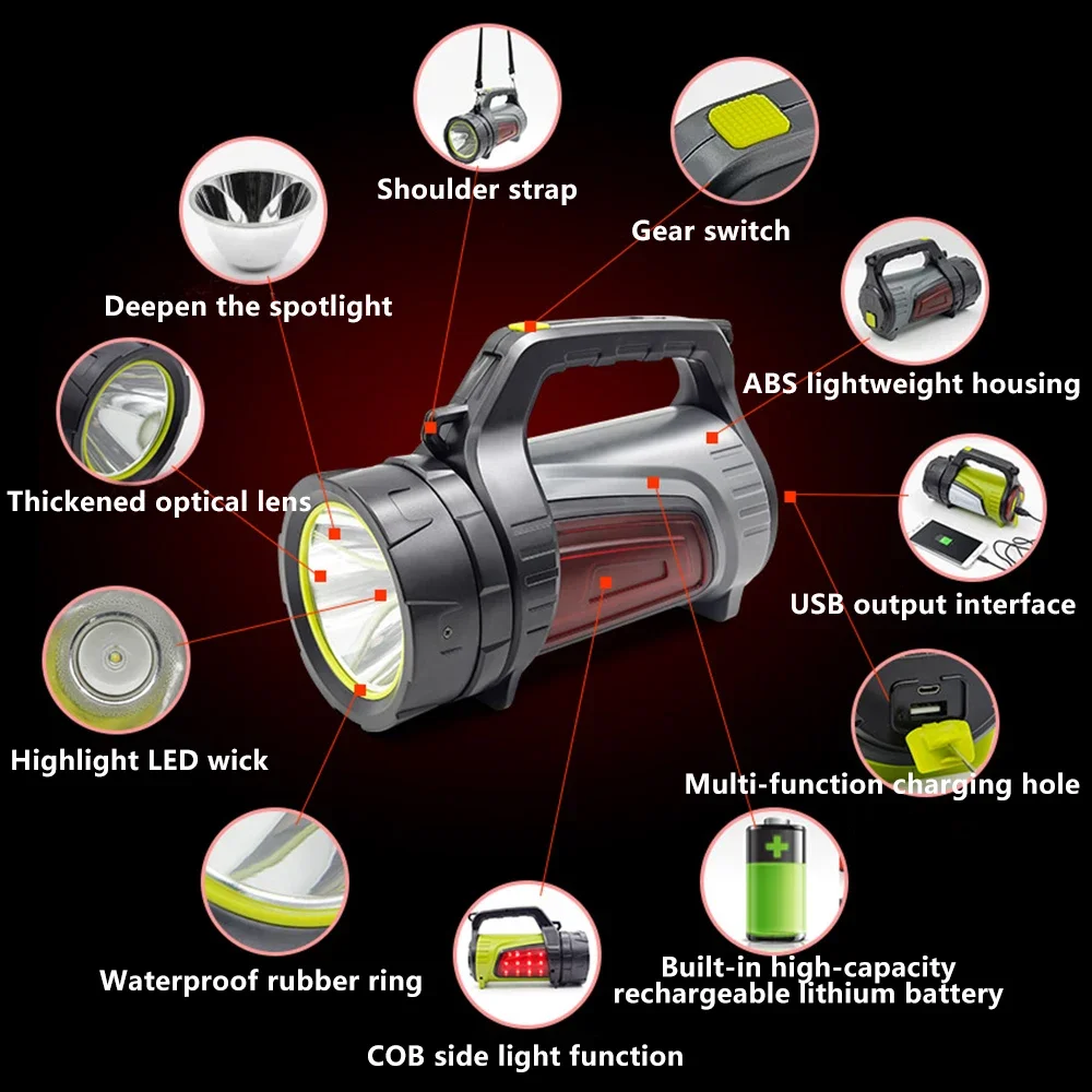 LED Flashlight Powerful Searchlight USB Rechargeable Work Light Waterproof Camping Lantern Torch Spotlight Power Bank