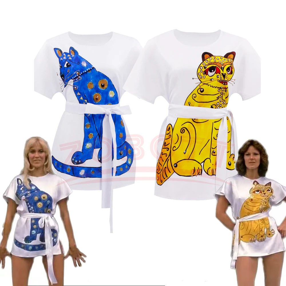 ABBA Costume Cosplay Disguise ABBA Girl Anni-Frid Agnetha Cosplay ABBA Cat Dress ABBA 70s Women Costume Vintage Dress T-shirt