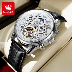 OLEVS 6658 cinturino in pelle orologi da uomo Lunar phase Waterproof Full Hollow Out orologio meccanico automatico per uomo