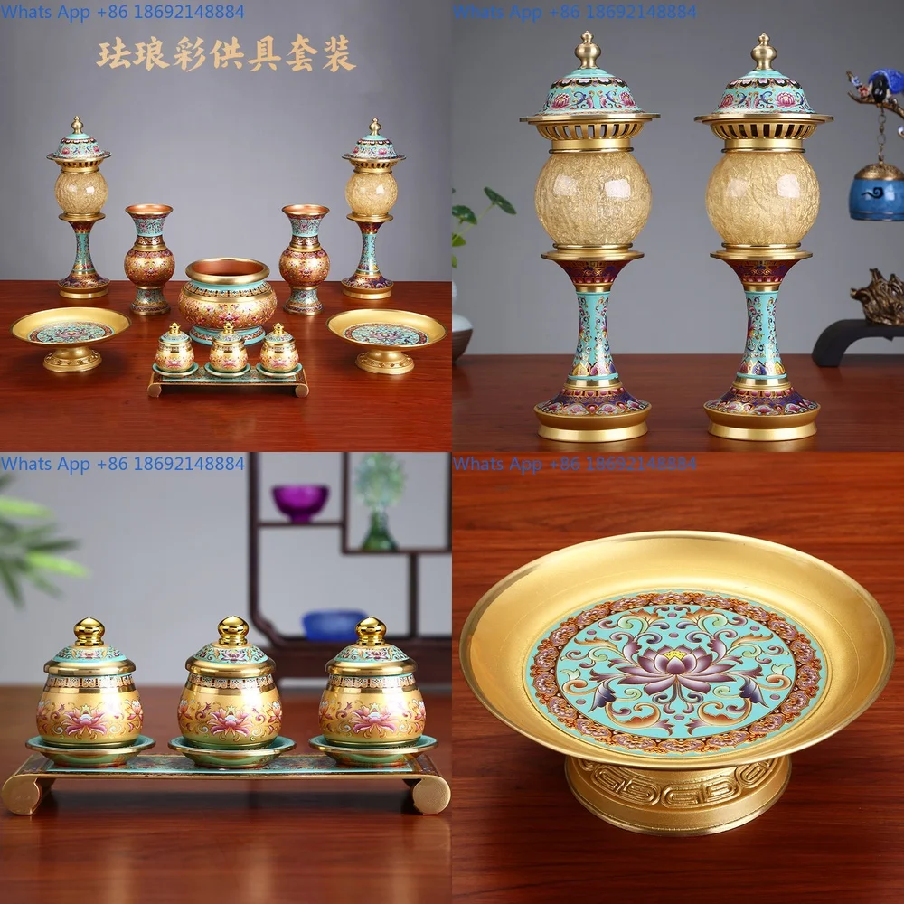 

Brass Offering Set with Enamel Design Incense Burner Water Cup Fruit Bowl Oil Lamp Vase for Home Temple