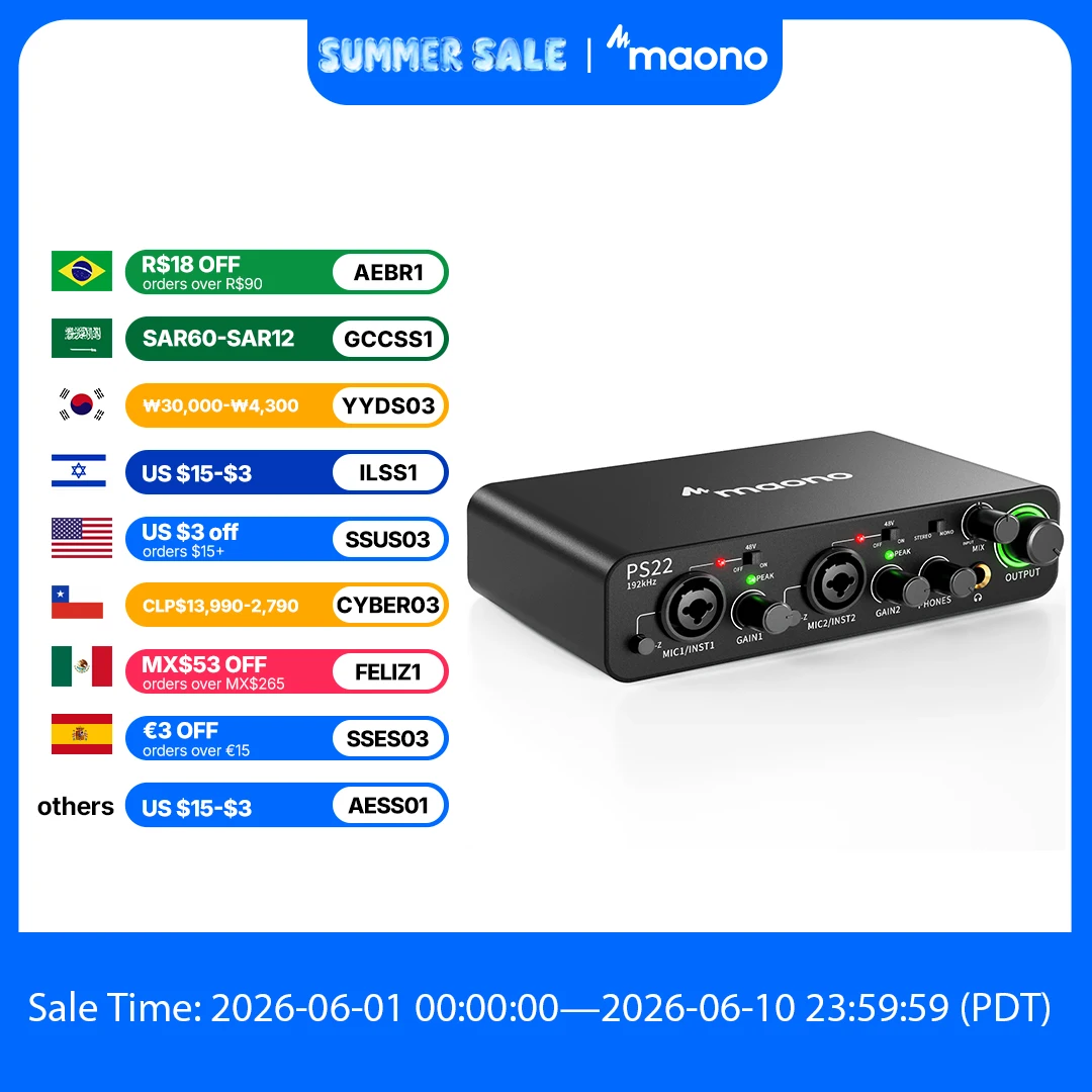 MAONO PS22 USB Audio Interface for PC 60dB Pro-Preamp 24bit 192kHz Dual USB Interface for Home Recording Podcast Streaming