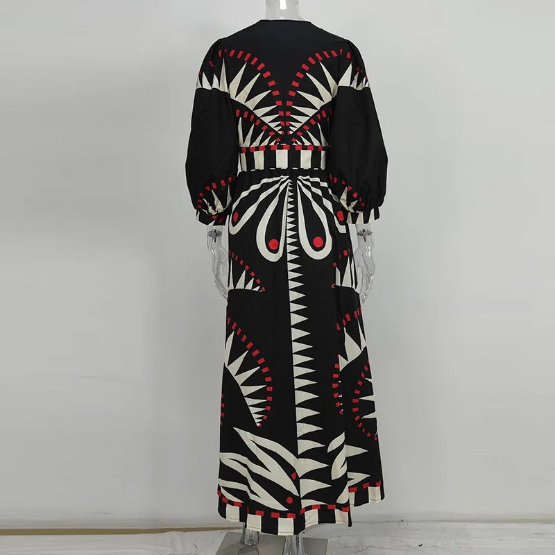 Vestido largo con estampado de patrón de moda de verano, vestido bohemio elegante con escote en V profundo para mujer, vestido informal de fiesta con manga acampanada