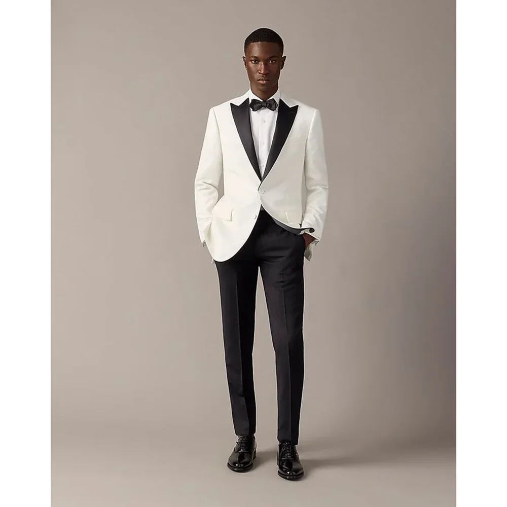 Men\'s Suits White Blazer Black Pants Luxury 2 Piece Peak Lapel Two Button Slim Fit Tailor-Made Wedding Costume Homme