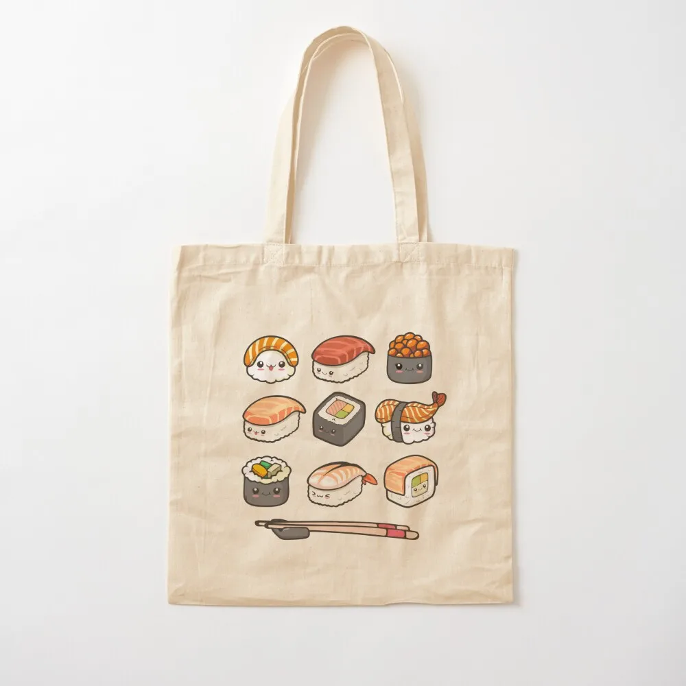 

Happy Sushi Kawaii Anime Japanese Food Lover Funny Illustration Gift Tote Bag Canvas shoulder bag Shopper bag Canvas Tote