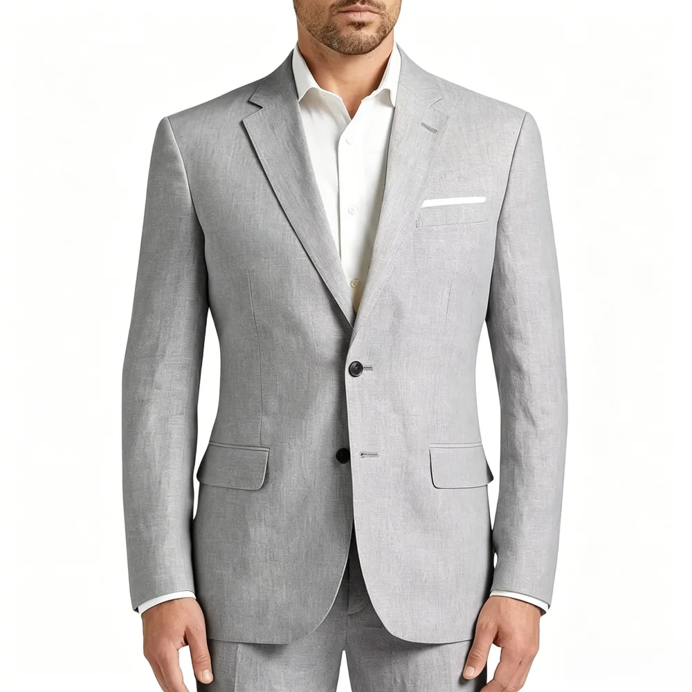 Men's  Linen Suit 2 Piece Notch Lapel Summer Business Blazer Pants Set Real Pockets Double Vent Back Wedding Casual Suits