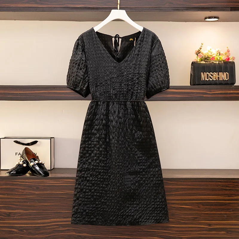 150Kg Plus Size Women\'s New Summer Bust 153cm Loose V-Neck Short Sleeve Dress Black White Big 5XL 6XL 7XL 8XL 9XL