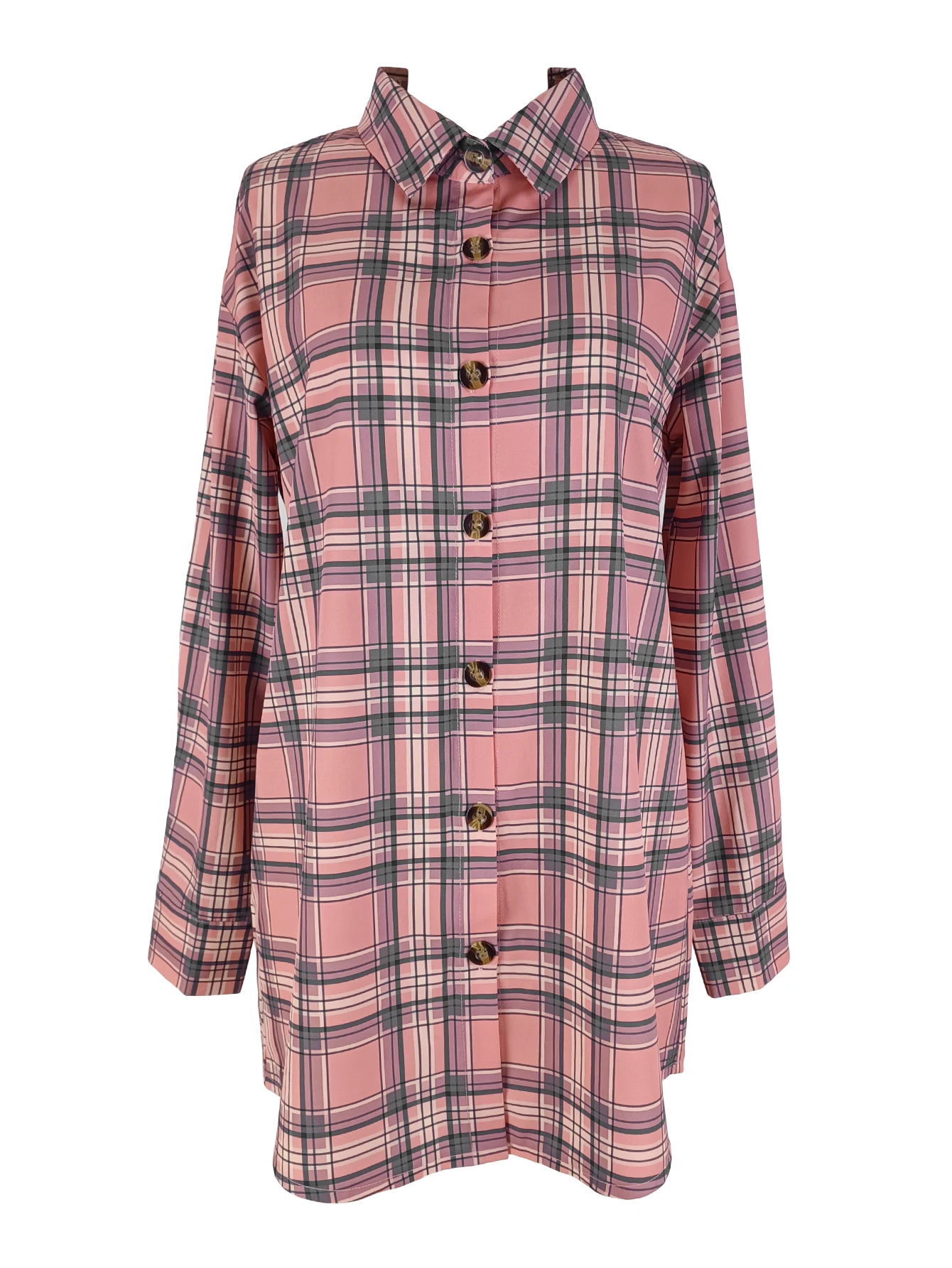Damen Karohemd Langarm mit Umlegekragen Lässige Lose Vintage Karierte Blusen Frühling Herbst Koreanische Mode Oberteile Mantel – Detail 7