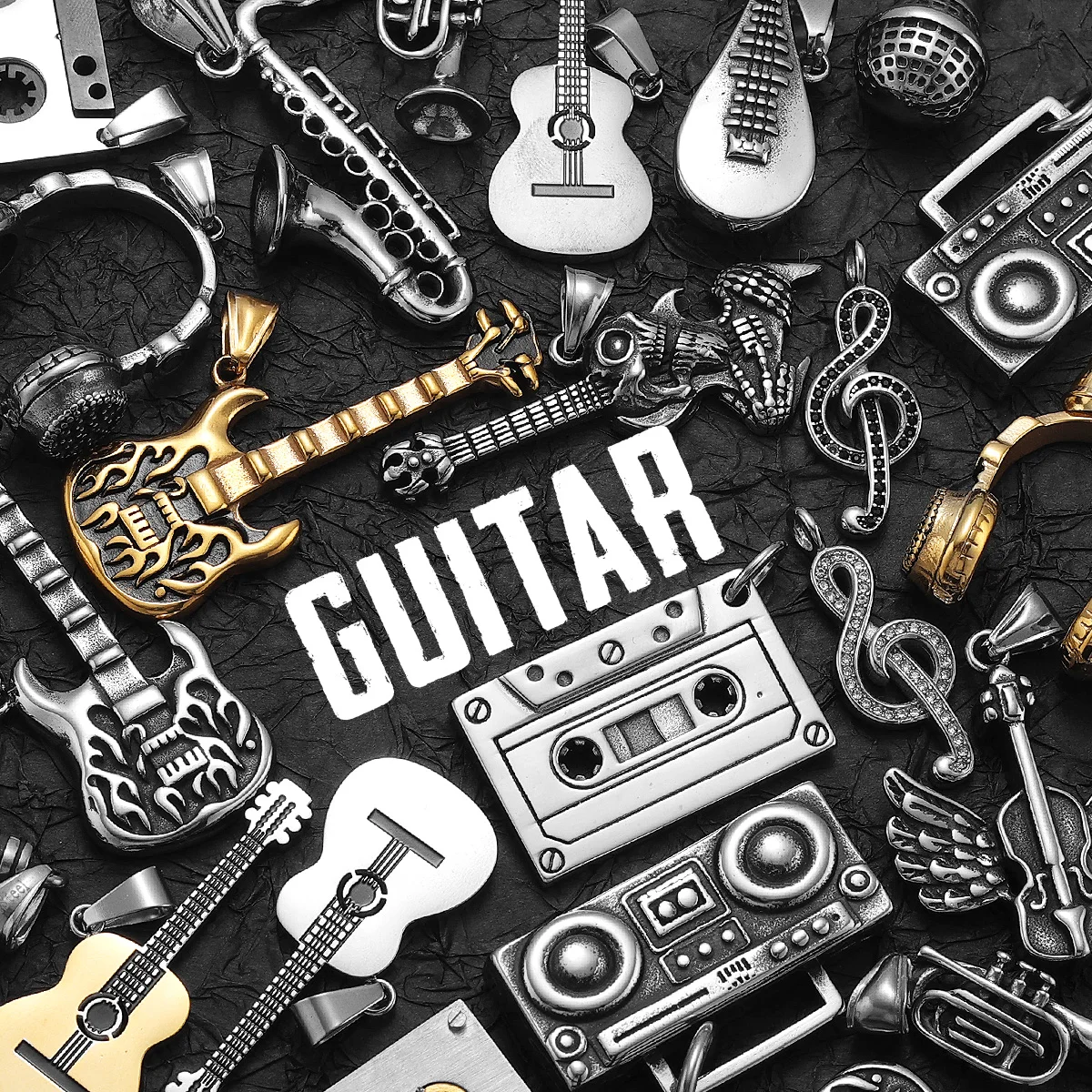 Instrumento Musical cinta de guitarra collares de acero inoxidable para hombres cadena colgante Punk Rock Hiphop mujeres joyería de moda regalo al por mayor