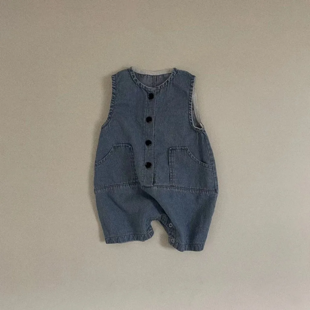 HY23089 Unisex Baby Denim Romper Suit Sleeveless Overalls for Crawling Kids Baby Bodysuit Jeans Clothing for Infants
