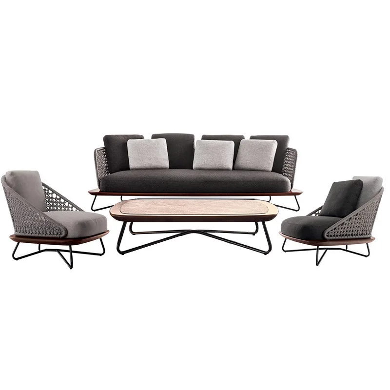 

qw-Nordic Outdoor Rope Woven Solid Wood Sofa Tea Table Outdoor Courtyard Terrace Garden Hotel Rattan Woven Leisure Furniture%