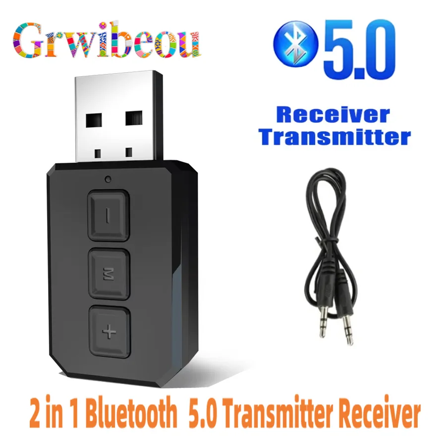 Car 2 in 1 Bluetooth Audio 5.0 Transmitter Receiver Wireless Audio Adapter with 3.5mm Cable for Car TV Earphone Speaker Aux PC