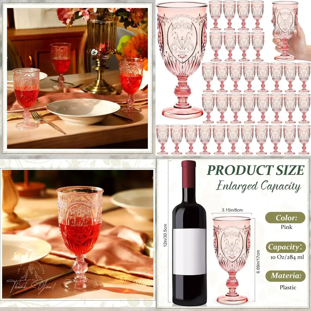 

10oz Pink Vintage-Style Plastic Wine Glasses, Set of 36 for Parties, Weddings, Showers