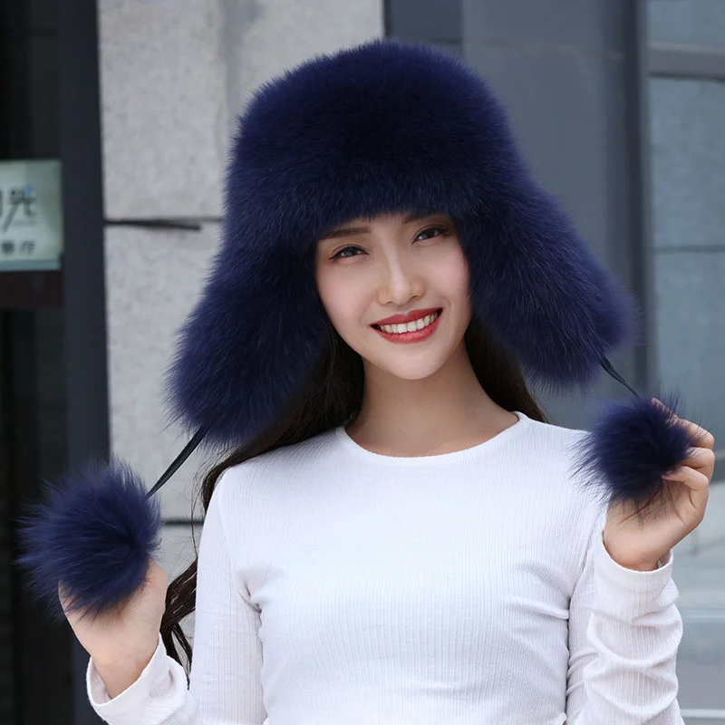 New 100% Real Fox Fur Hats Women\'s Russian Ushanka Aviator Trapper Snow Skiing Hat Caps Earflap Winter Raccoon Fur Bomber Hat