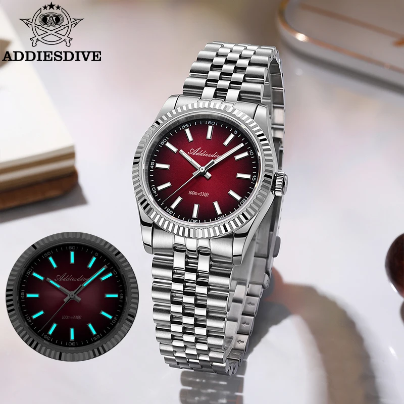 ADDIESDIVE 36mm Men Watch Jubilee Strap 10Bar Diving 316L Stainless Steel Sapphire Crystal BGW9 Super Luminous VH31 Quartz Watch