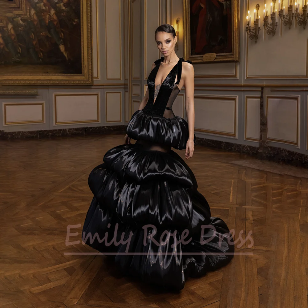 فساتين سهرة سوداء فاخرة للنساء أنيقة من الساتان عميق على شكل حرف v طول الأرض على شكل حرف a للحفلات الراقصة وحفلات الزفاف الخاصة De Soirée