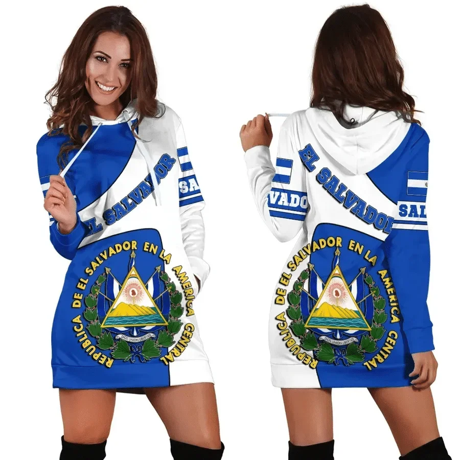 Vestido com capuz com bandeira El Salvador feminino, suéter casual com capuz, tops de manga comprida, estampa 3D, novo