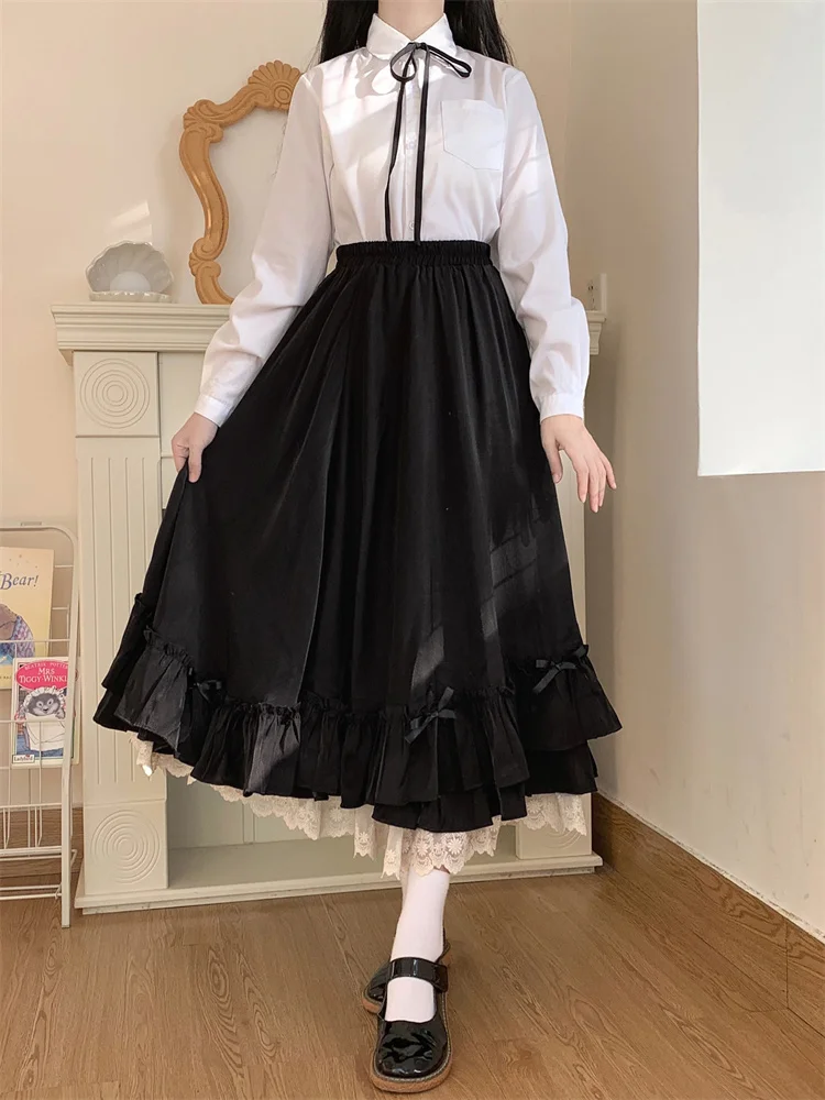 2022 New Japanese Solid Color Double Layer Vintage French Ruffled A-line Skirt Hepburn Style Black Half Skirt Female Long Skirts