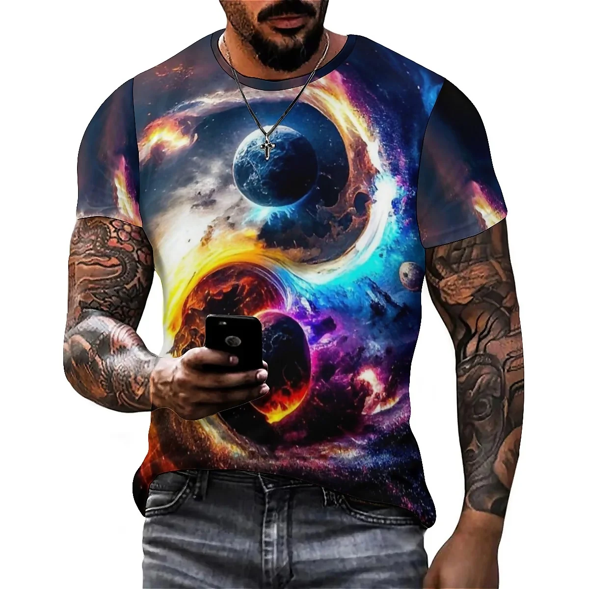 Summer Adult Colorful Pattern Men's 3D Printed Short Sleeve T-Shirt - High-Quality Printing