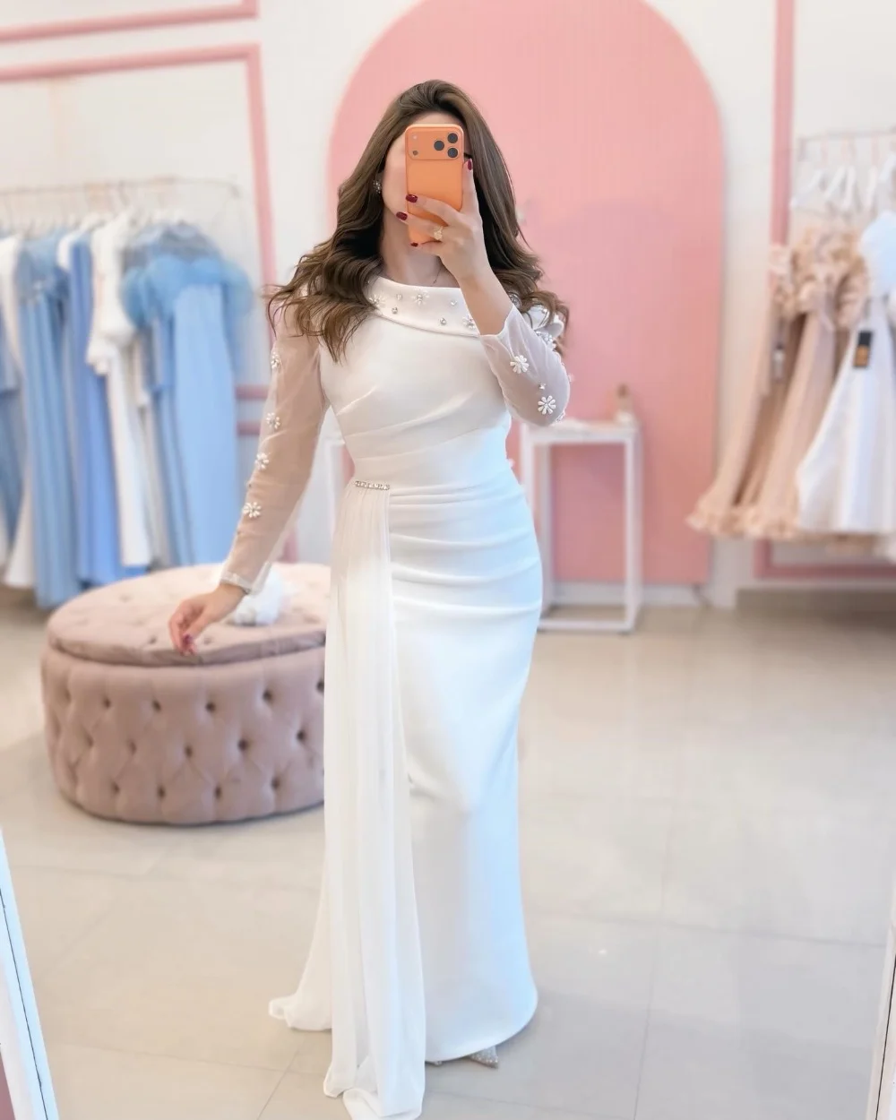 Personalizado blanco intrincado moda Jersey flor Rhinestone plisado sirena fuera del hombro vestidos largos vestidos de noche formales