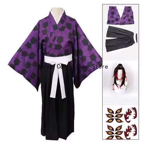 Kokushibo Cosplay Costume Wigs Tattoo Stickers Anime Printing Kimono Uniform Shirt Halloween Carnival Outfits for Women Men