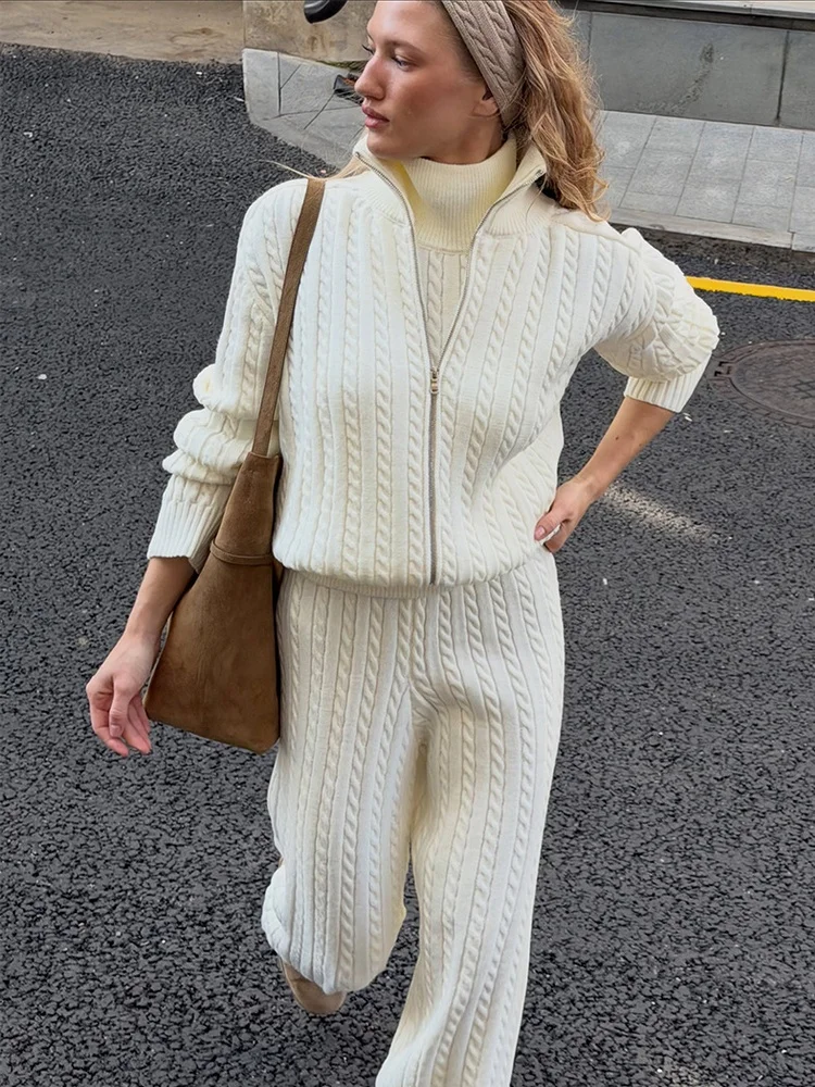 Cable Knit Set Two Piece Set Zip Front High Neck Long Sleeve Daily Street Office Thick Warm Knit Matching Pants Set 2026 Femme