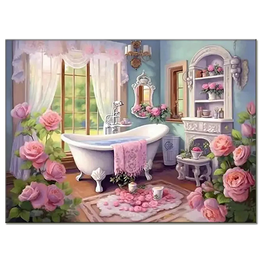 Pink roses, bathroom and bathtub scenery 5D Diamond Painting Embroidery full drill mosaic home decor Gift Needlework Full Kits