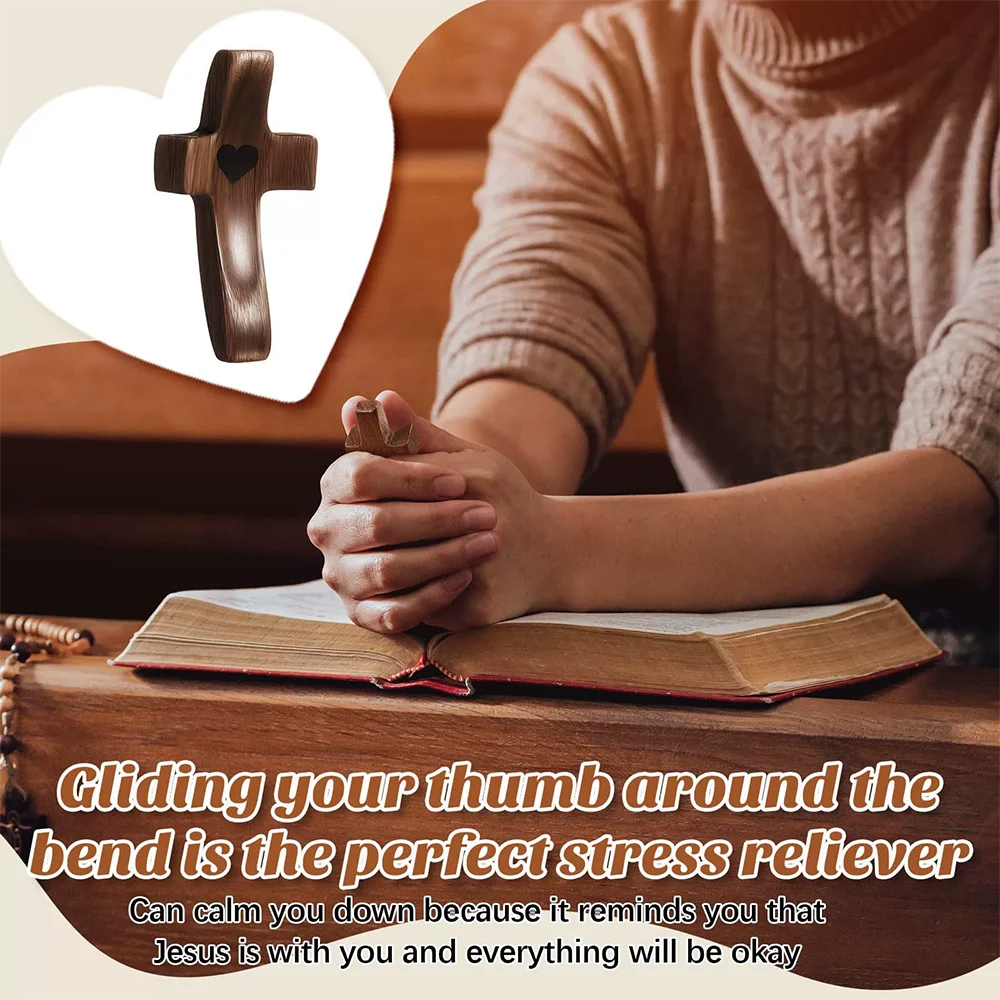 [Handheld Cross with Heart Cutout] Wooden Pocket Cross with Heart Cutout, Stress Relief Handheld Cross, Encouragement Gift for C