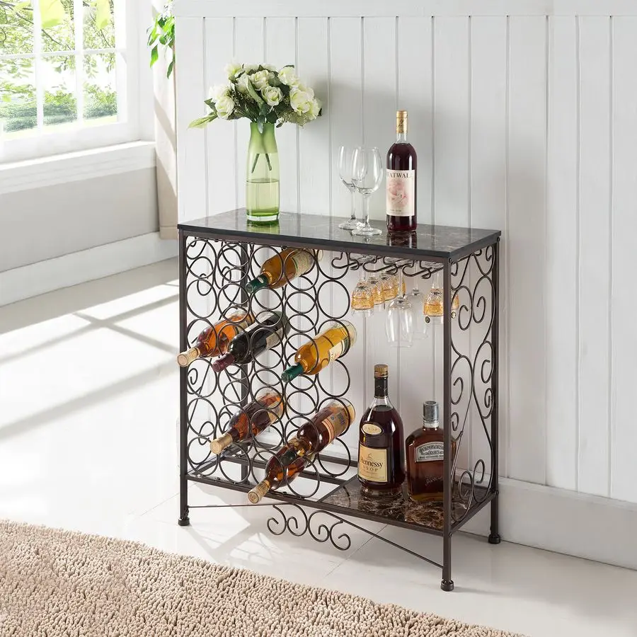 

Freestanding Wine Rack Table, Liquor Bar Cabinet with Wine Storage Holds 24 Bottles and Glasses Holder
