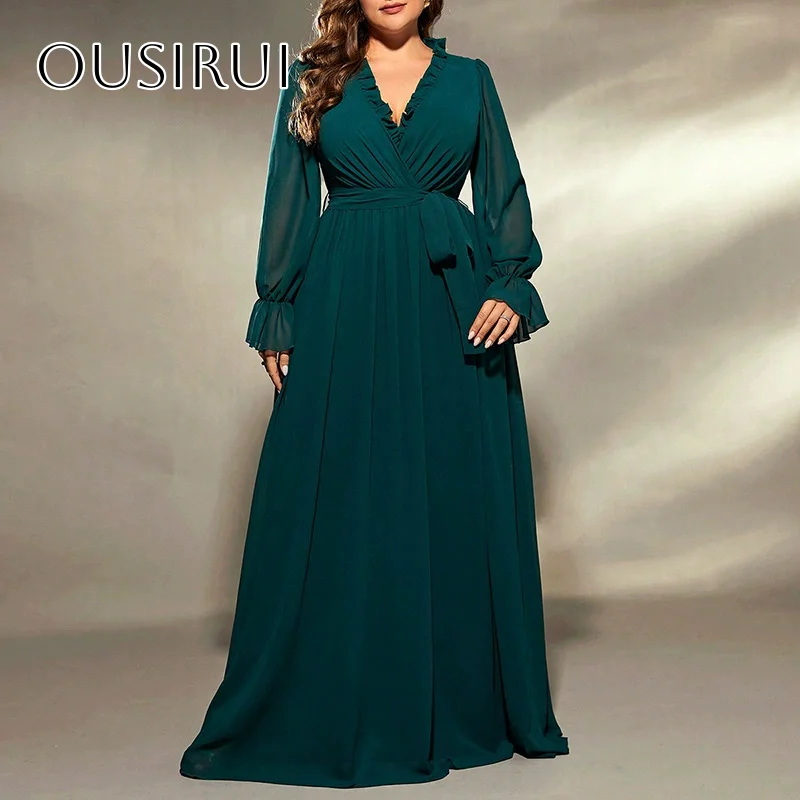 Chiffon V-ausschnitt A-linie Prom Kleider Bodenlangen Schärpe Lange Ärmel Abendkleid Angepasst vestidos de fiesta elegantes