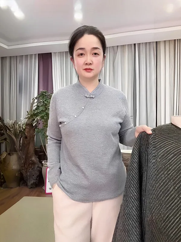 

Maang Xin Chinese Sle National Trend Base irt Women's Long Sve Woolen Top Spring 2026 Stand Collar Embroidered Casua...