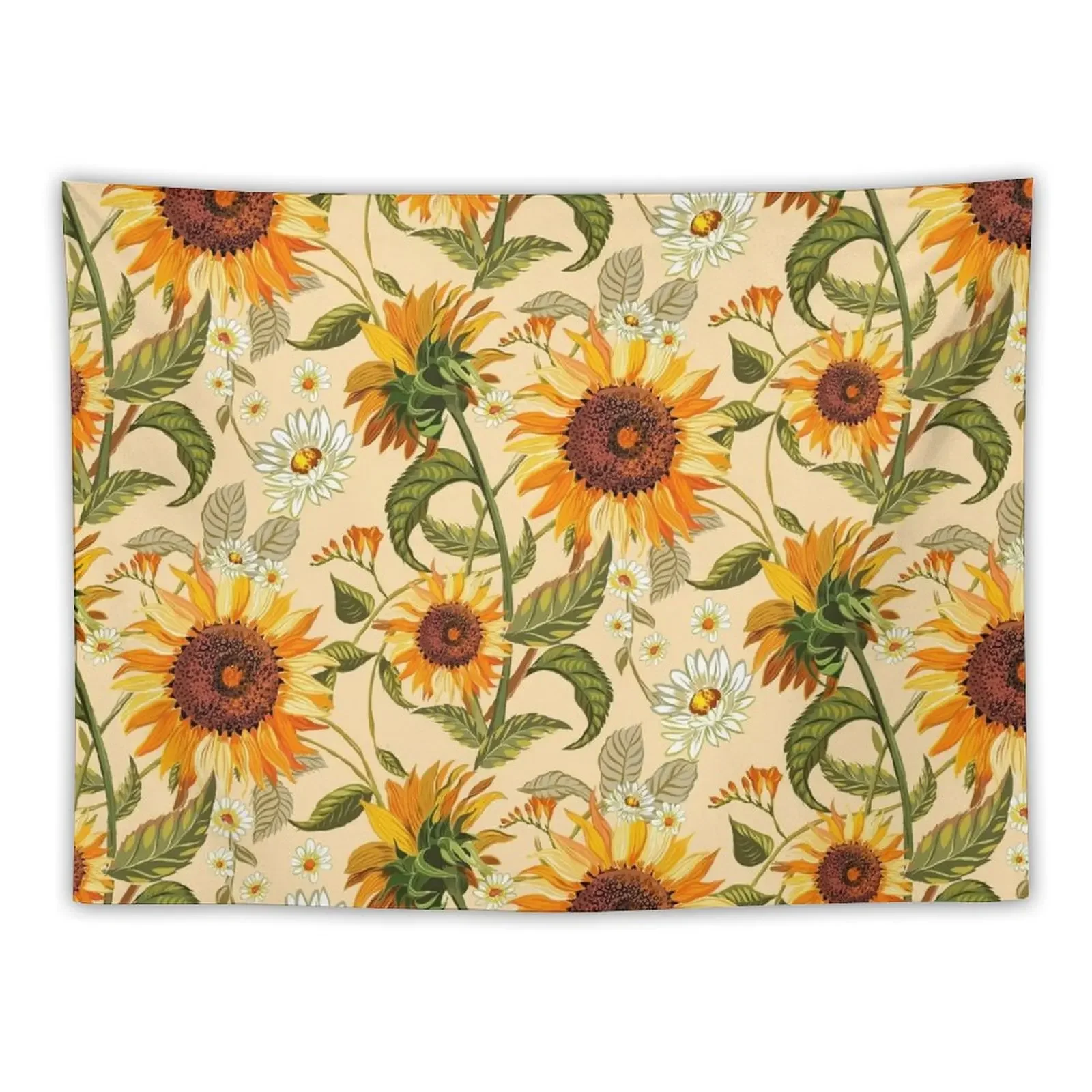 

Sunflowers 70s vintage golden retro pattern, yellow and orange flowers Tapestry Wall Mural Tapestry