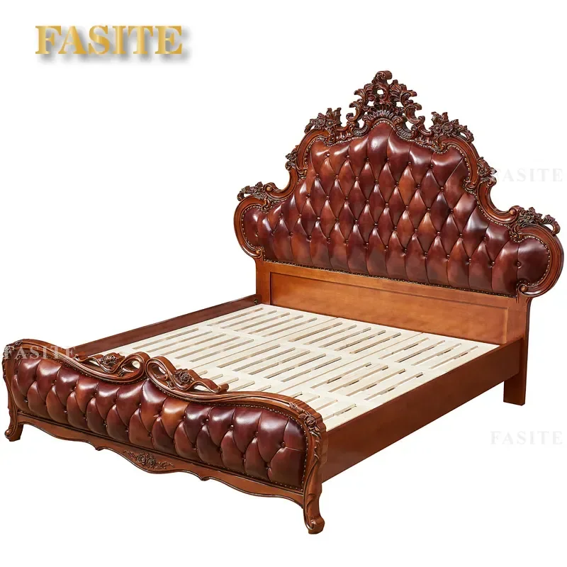 For European American Solid Wood Leather Bed Retro Engraved Double Wedding Bedroom Furniture