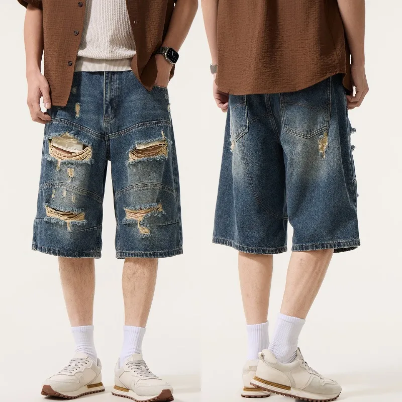 

Men's Baggy Ripped Denim Shorts Jeans High Street Distressed Patchwork Hollow Holes Jean Shorts Hip Hop Motorcycle Style