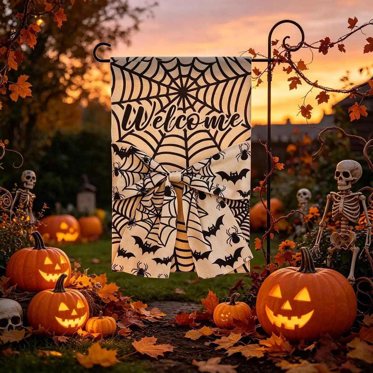 Welcome Halloween Garden Flag 12x18 Inch 3D White Bow Garden Flags Spider Web Yard Signs Double Sided Bats Outdoor Flag for  uui