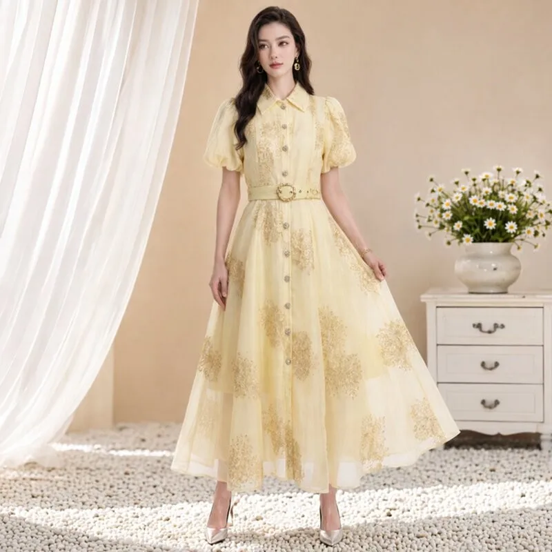 Retro Court Style Short Sleeve Embroidered Dress Women's Gentle Yellow Large Size Fairy Long Dress Summer High Waist A-Line S...