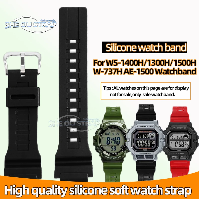 Black Red Orange Resin Silicone Watch Strap For Casio WS-1400H/1300/1500 W-737H AE1500 Watchband 18mm With Men's  Sport Chain