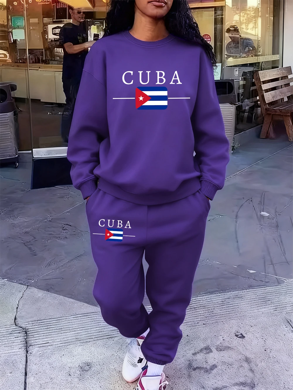 2 Pcs Hoodies Set Womens Cuba Flag Letter Prints Sweatpants Casual Pocket Loose Sweatshirt Jogging Outfits Winter Fleece Clothes