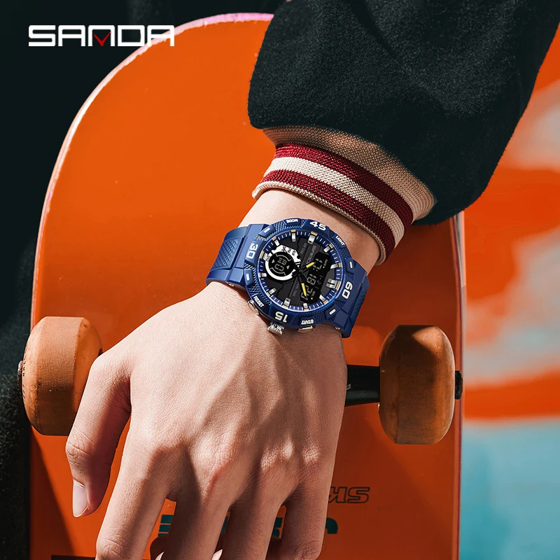 SANDA 3087 New Fashion Sport Watches Dual Display Digital Silicone Strap Quartz Watch For Men 50M Waterproof Military Wristwatch