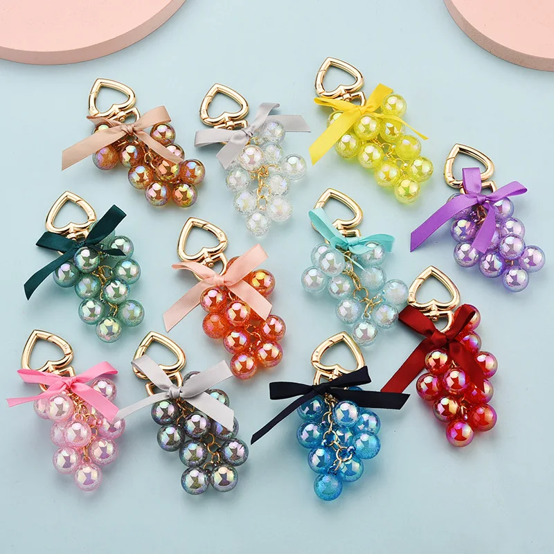 New Creative Grape Fruit Keychain Acrylic Dazzling Beads Crystal Emulational Fruit Pendant Heart Buckle Women's Bag Key Chain