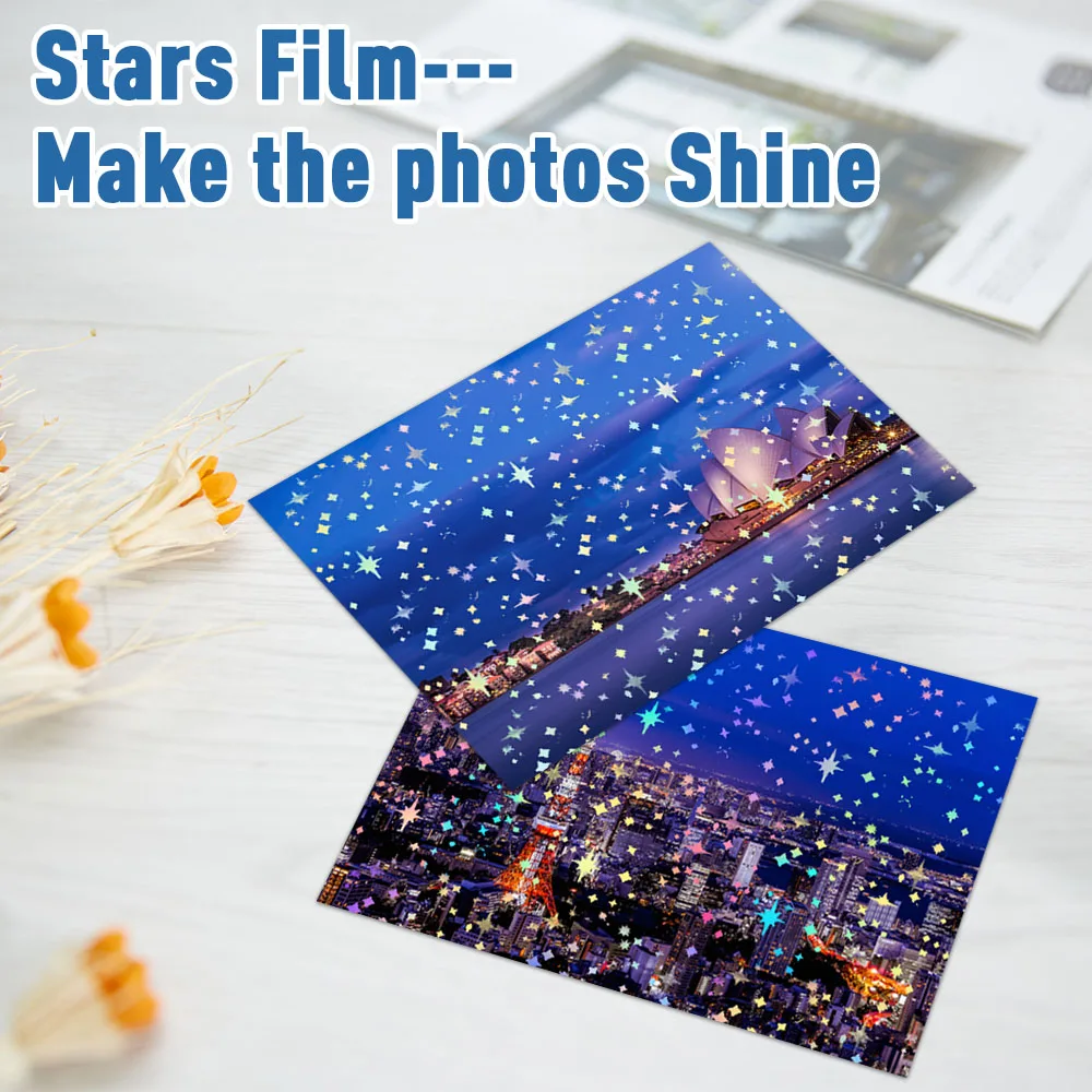 50 Sheets Adhesive Cold Laminating Film A4 Paper Holographic Film Stars Glass Heart Glitter to DIY Color Photo Laminating Film