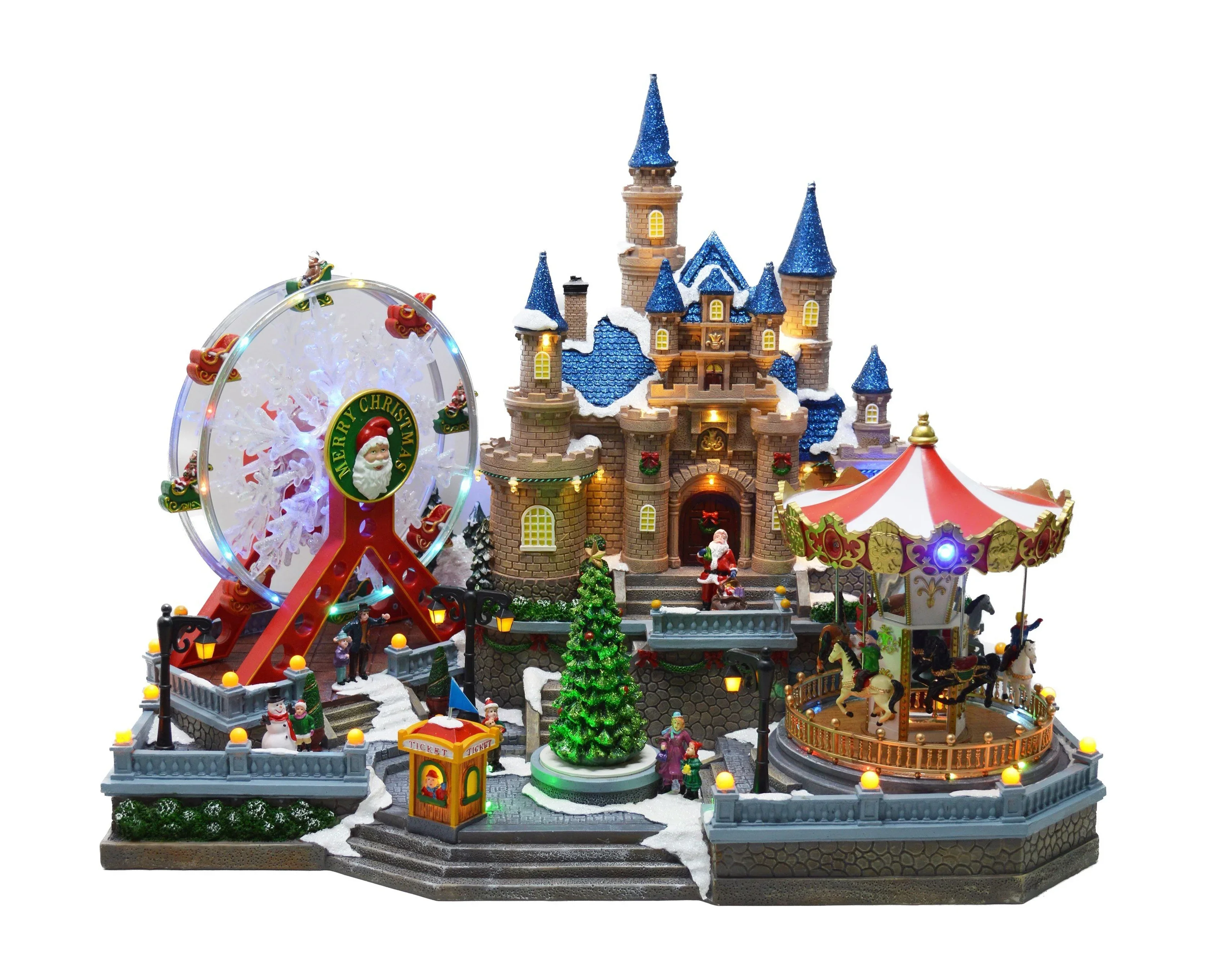 Christmas Village House, Colourful LED Lights with Christmas Music, Rotating Christmas Trees and Roller Carousel & Ferry Wheels