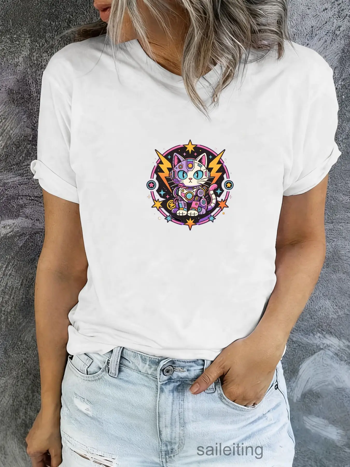 Cosmic Cartoon Cat T-Shirt Women Men - White Short Sleeve Crew Neck Tee with Stars Planets Lightning Bolt Graphic, Soft Breat