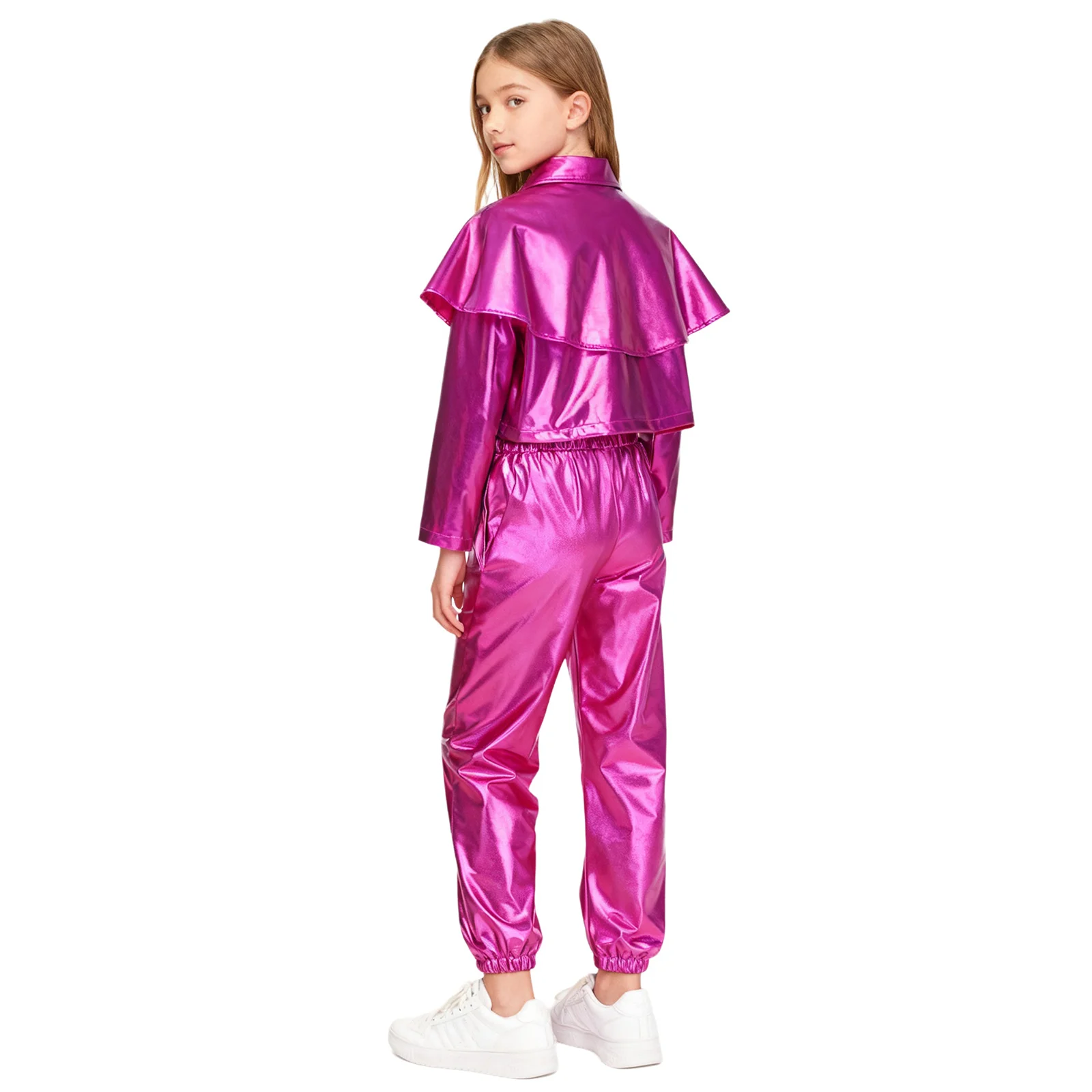 Kids Girls Hip-hop Jazz Tango Dance Stage Performance Outfit Long Sleeve Ruffle Metallic Jacket with Shiny Pants for Party Club